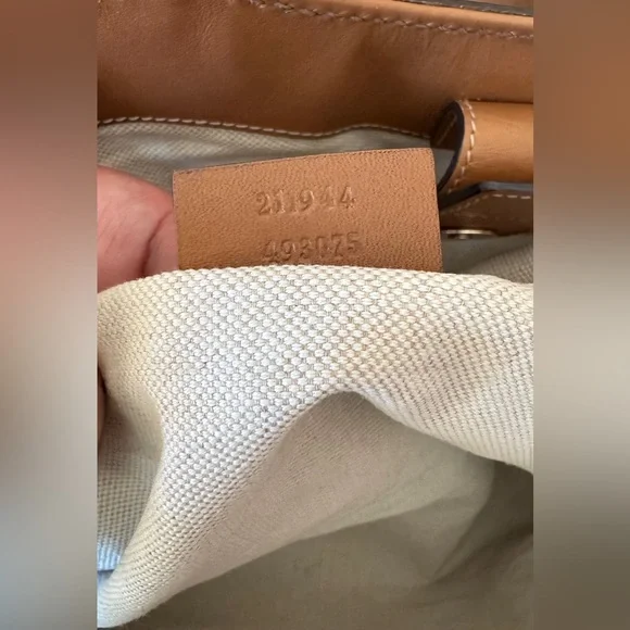 Designer-Style Brown Patterned Tote Bag with Tan Leather Trim - Picture 14 of 16